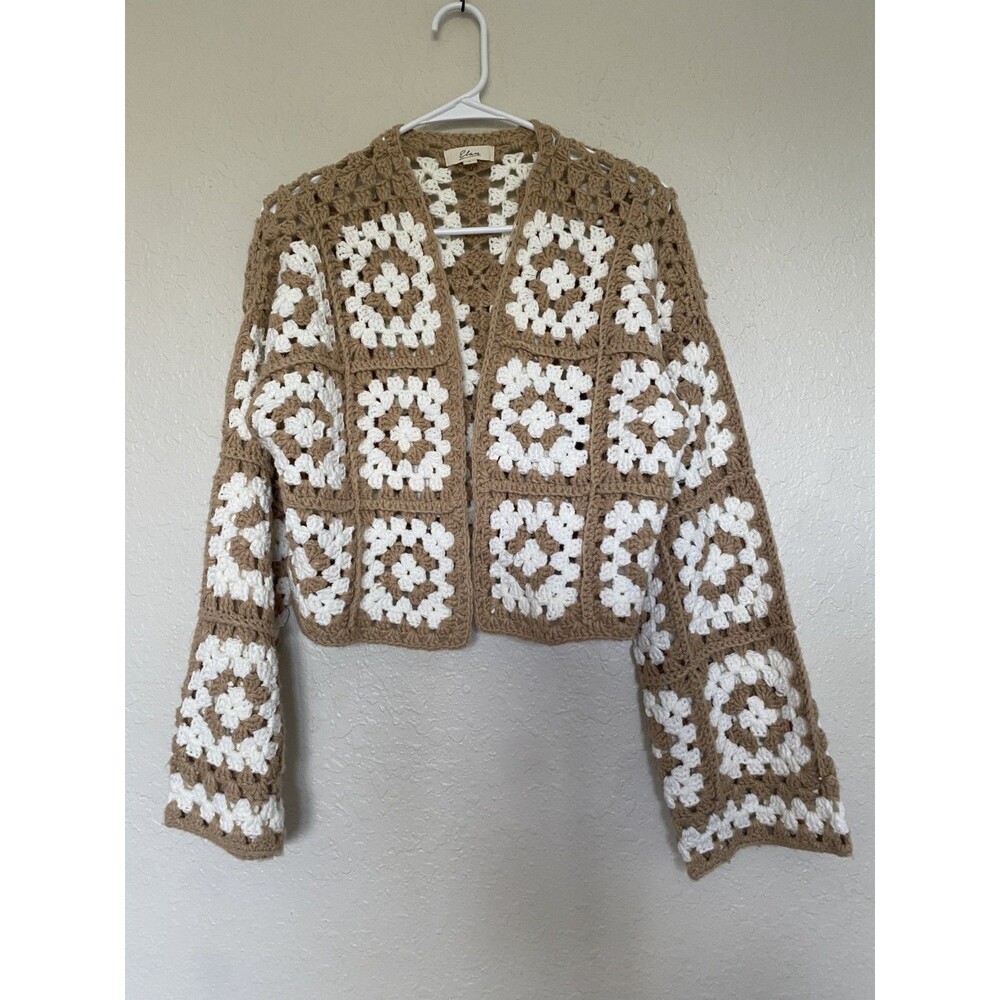 Elan Crochet Granny Square Crop Bell Sleeve Neutral Open Cardigan Sweater Small